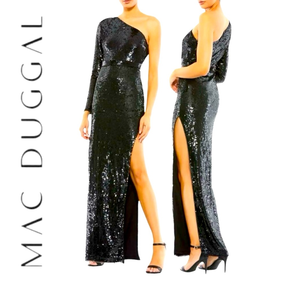 MAC DUGGAL SEQUINED ONE SLEEVE COLUMN GOWN
